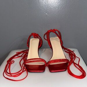 Red Lace-Up Kitten Heel Sandals | Square Toe Strappy Heels | Size 8.5